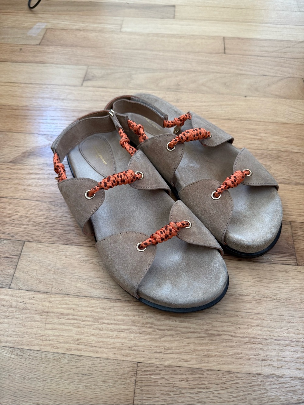 Women’s Taupe Suede Slingback Sandals with Orange Braided Straps